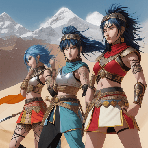 AI generated: Anime style illustration of three young Berber warriors (from the Atlas Mountains of Morocco) engage...