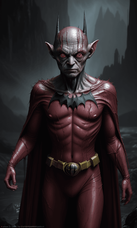 AI generated: glamour shot of Gollum, real batman red costume,Lord of rings, John Tolkien, morbide, dark, very det...
