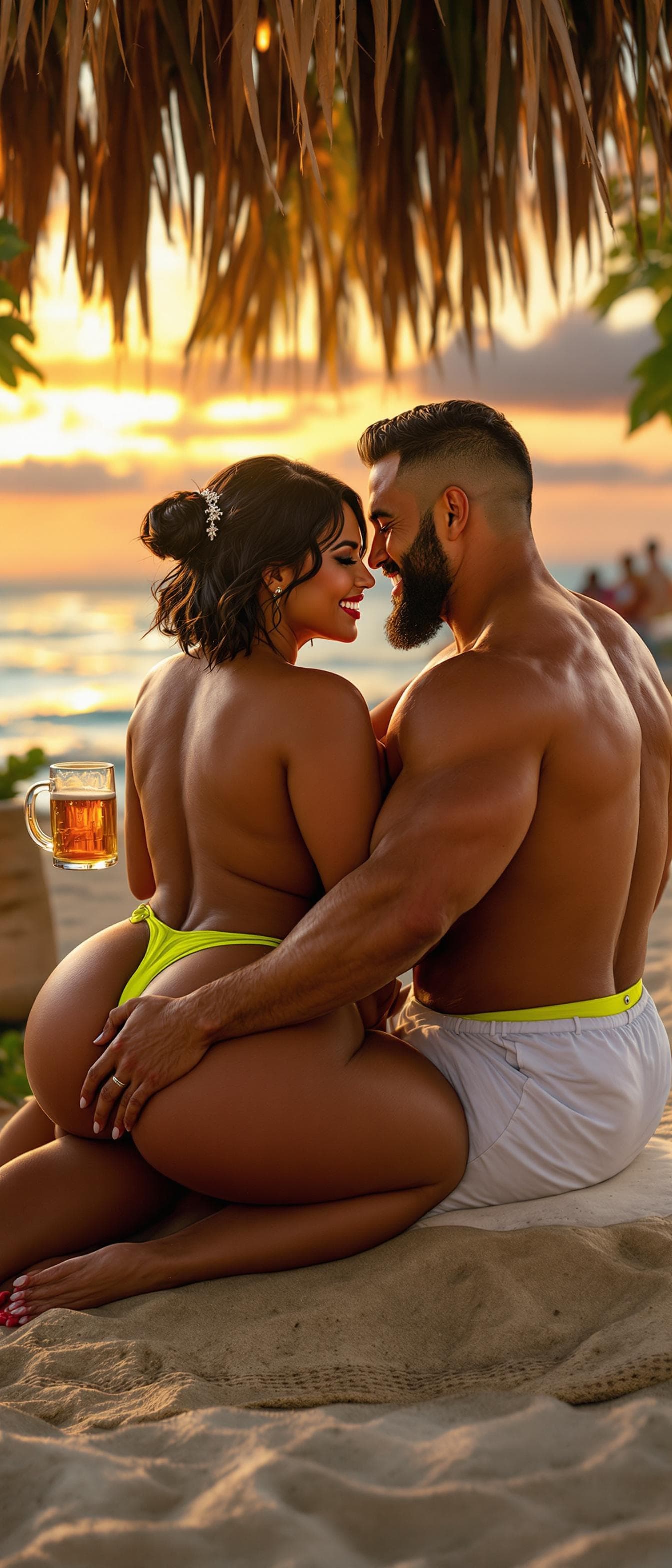 AI generated: A stunning, ultra-voluptuous and muscular Indian woman  sits in her husband’s lap at a luxurious bea...