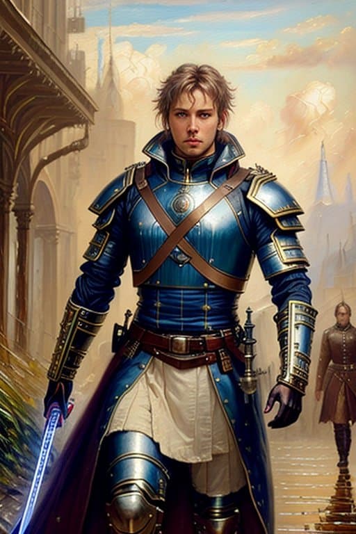 AI generated: male (cyber:1.5) warrior, light sword, (Extremely Detailed Oil Painting:1.6), style of Andreas Achen...