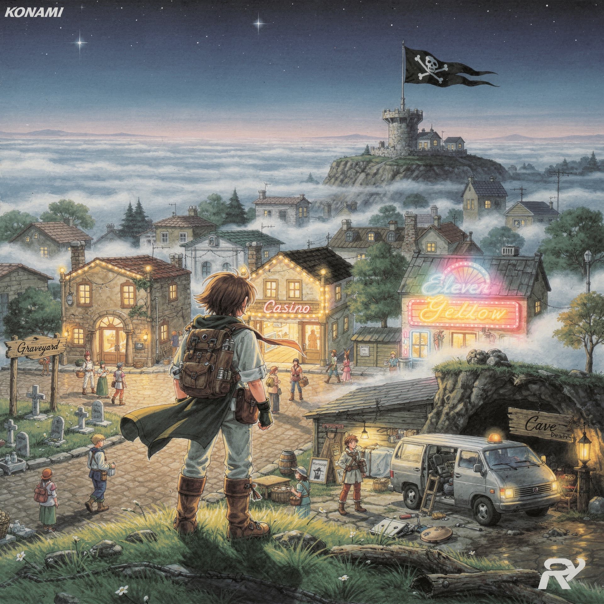 AI generated: Japanese 1990s RPG box art illustration, Konami-style hand-painted airbrush art, romantic compositio...