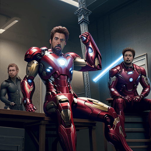 AI generated: Iron man finally lifted Mjolnir, Thor sitting at the back and trying to stop Iron Man
