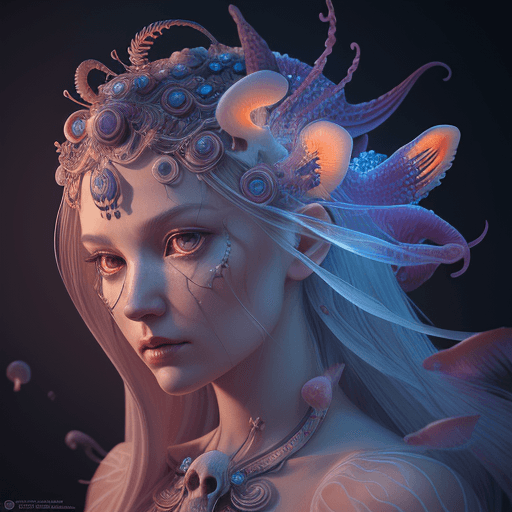 AI generated: Goddess close-up portrait ribcagel. jellyfish phoenix head, nautilus, orchid, skull, betta fish, bio...