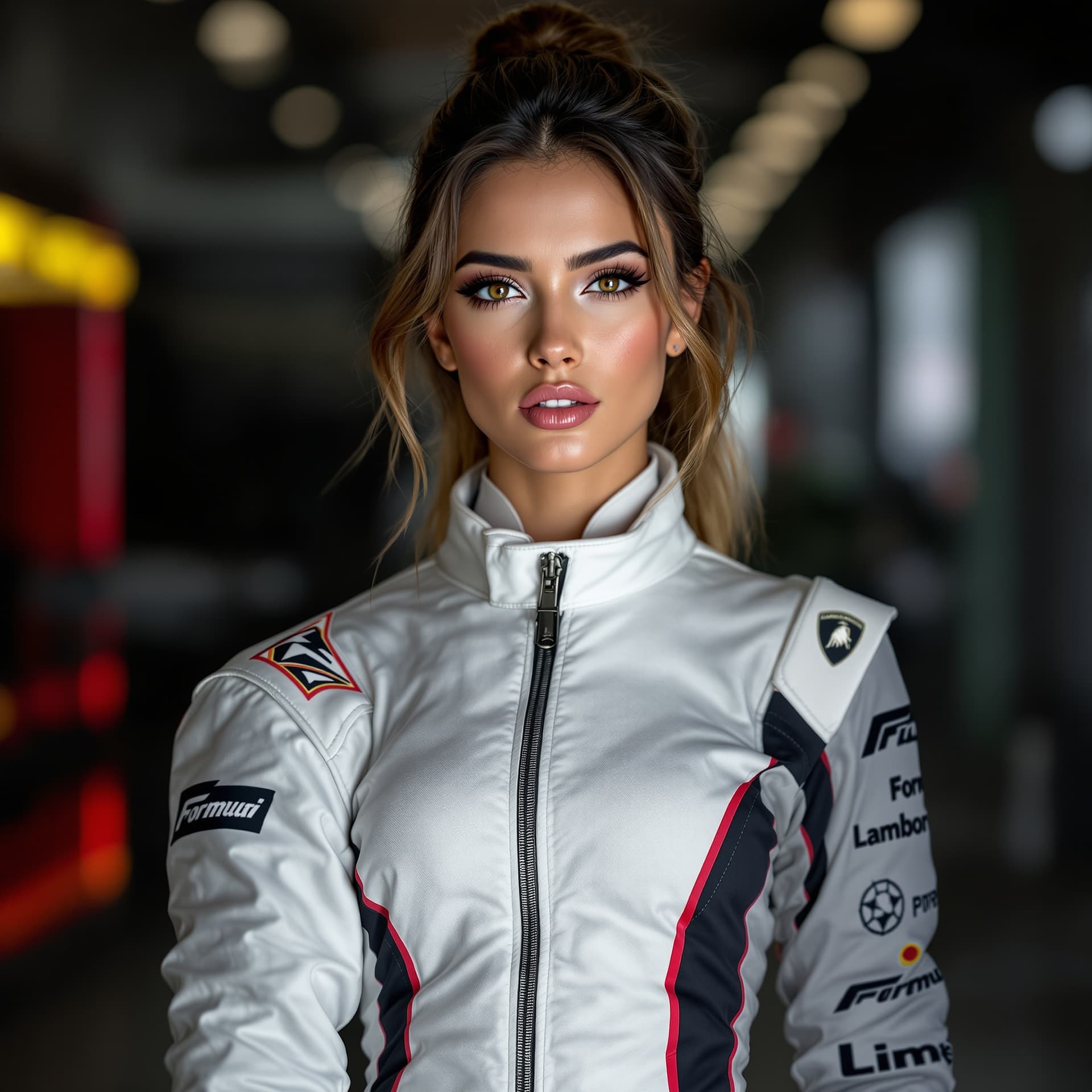 AI generated: A gorgeous female, dressed in a sleek and form-fitting Formula 1 driver's suit, stands confidently w...