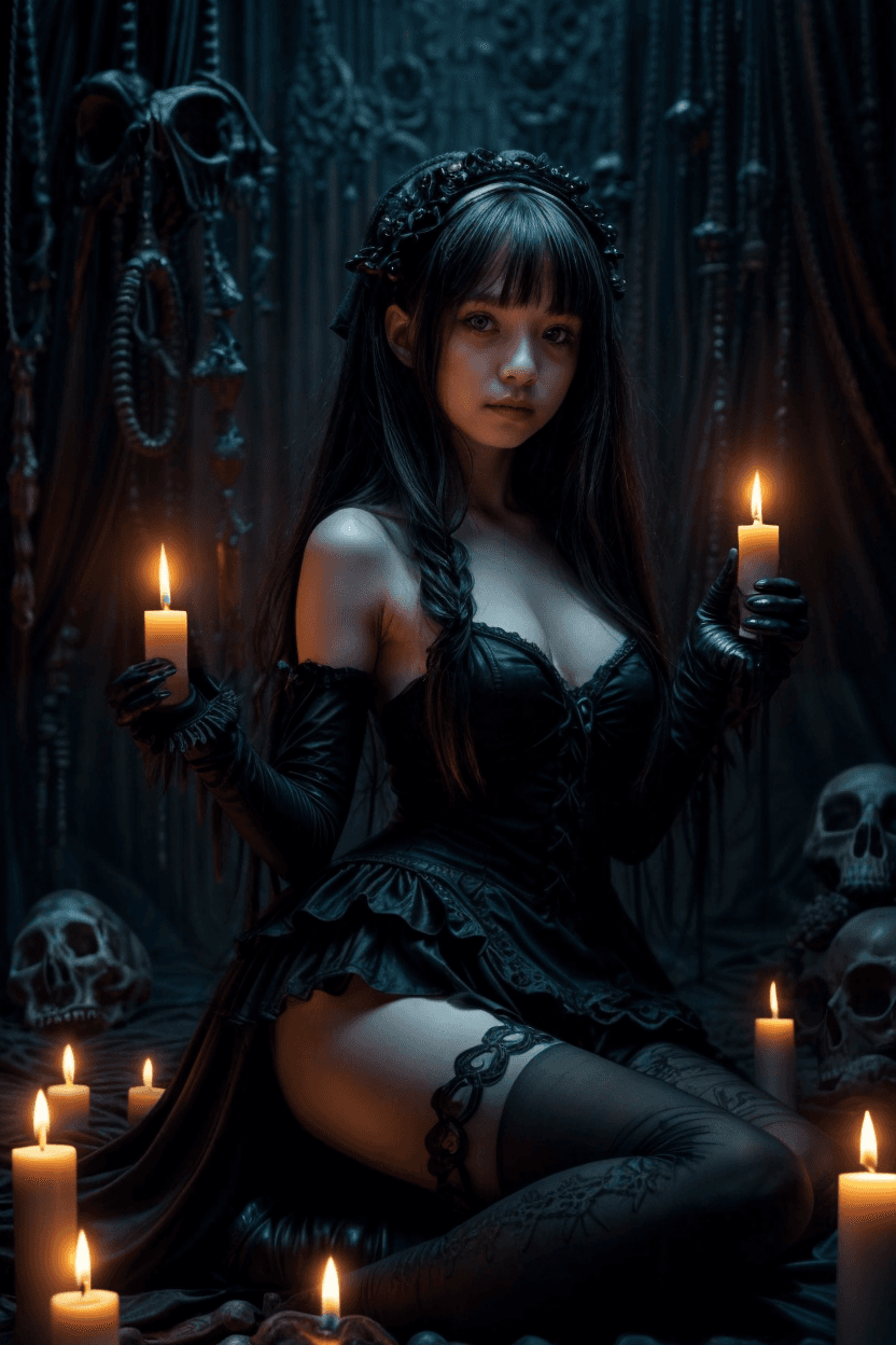 AI generated: young seductive gothic girl is sitting,night ,cemetry,dynamic light,candlelights,ultrarealistic,Mast...