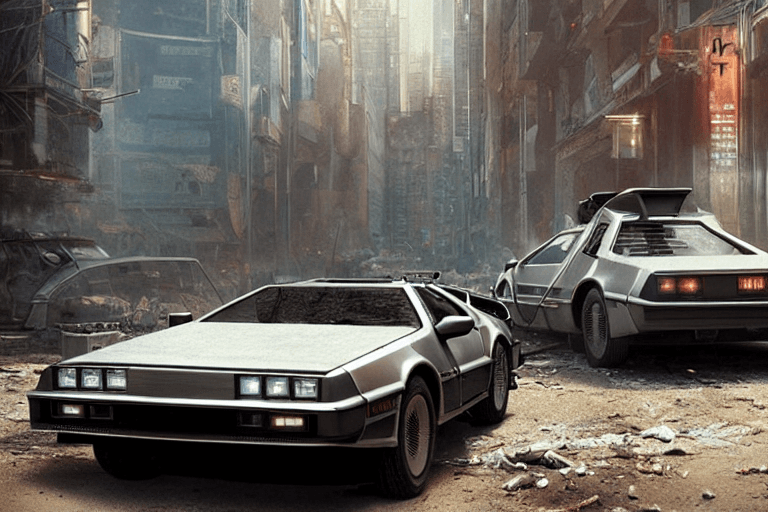 AI generated: highly detailed photorealistic rendering of the delorean from back to the future parked on the stree...