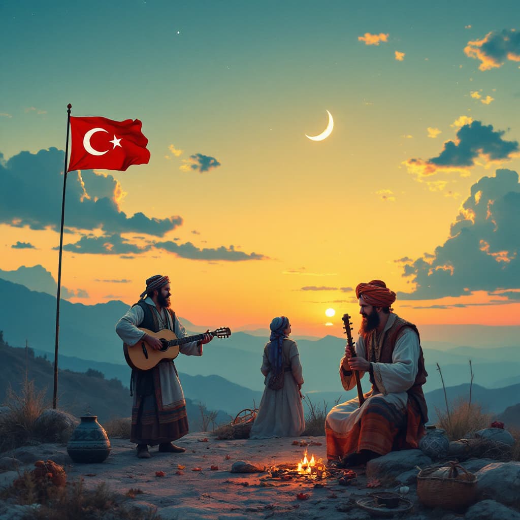 AI generated: A regional row night in Anatolia, Turkiye. Detailed. Crescent moon in the sky. A small Turkish flag ...