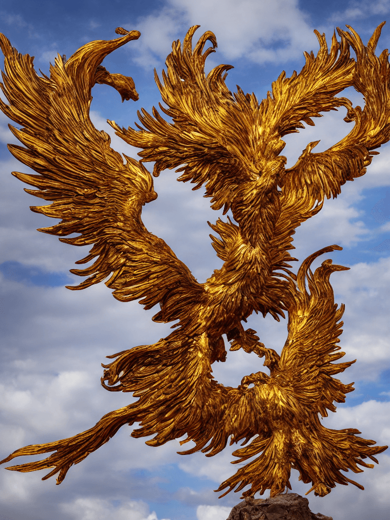 AI generated: A majestic phoenix with vibrant plumage, its fiery wings spread wide, golden feathers illuminating a...