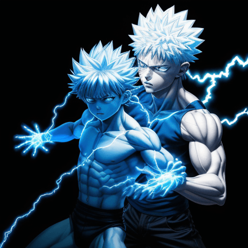 AI generated: an image of adult muscular killua zoldyck and blue lightning on black background, in the style of ki...