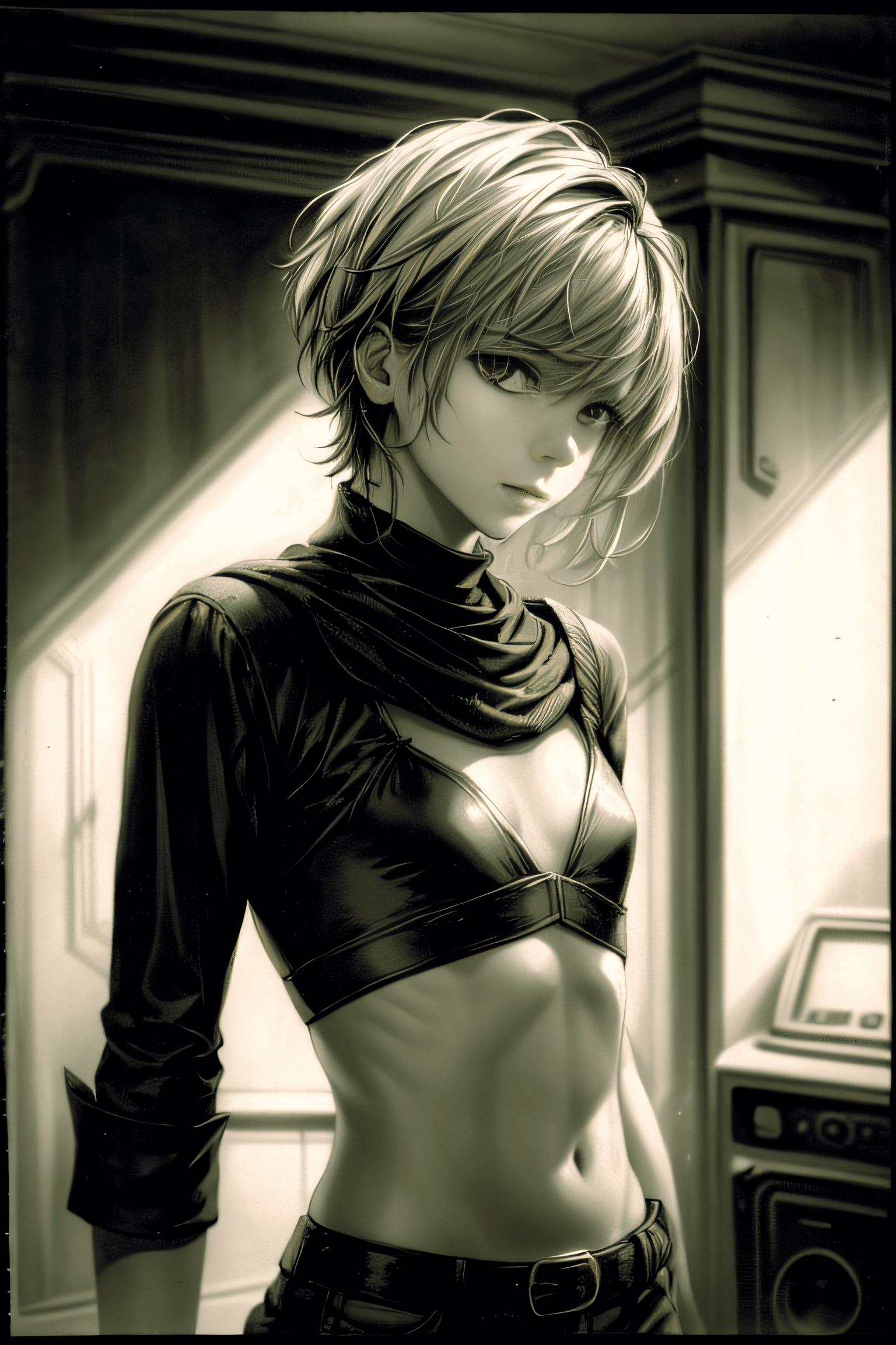 AI generated: Black and White Photo, beautiful young girl, view from side, look at camera, intricate background, a...