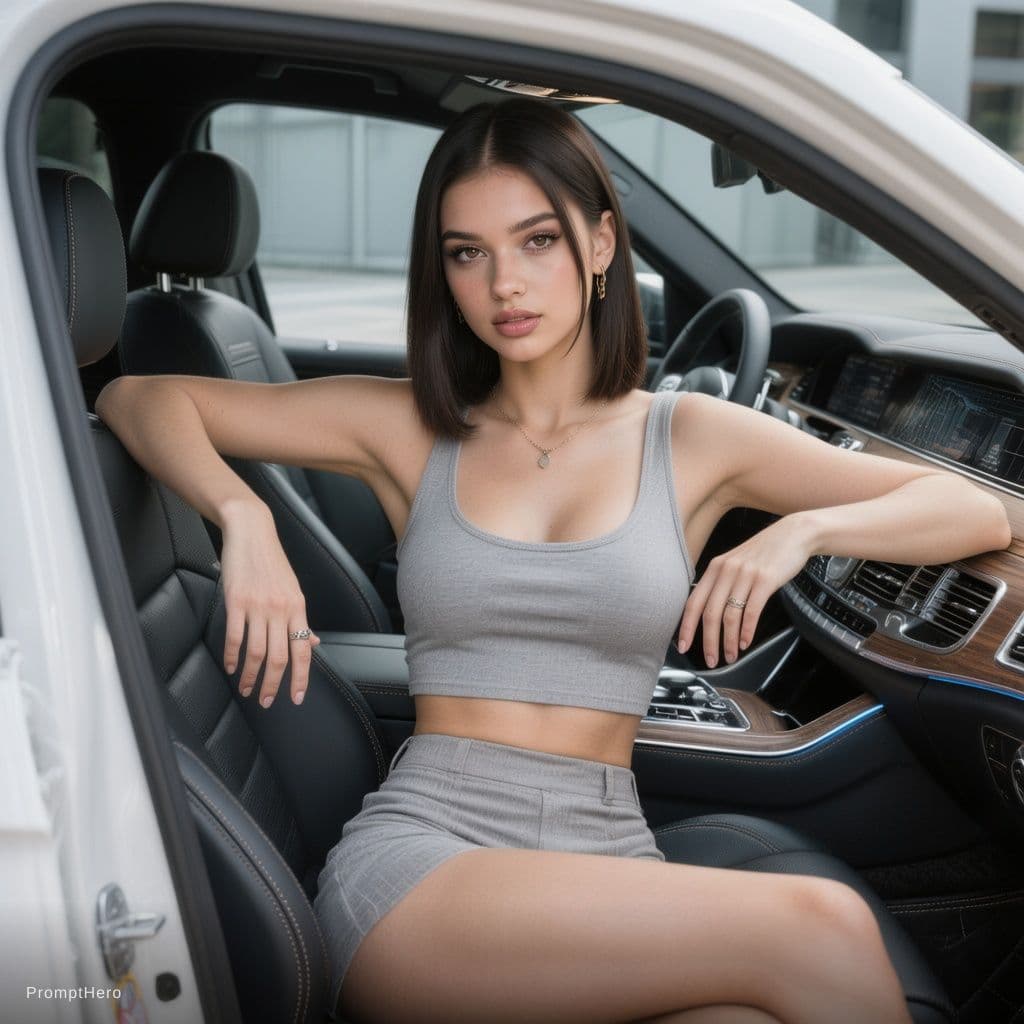 AI generated: A young woman with straight dark hair sitting in the driver’s seat of a luxury SUV, posing confident...