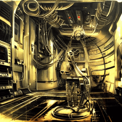 AI generated: scifi laboratory, metal cables cover all surfaces, generator room, space jockey. style of alien, met...