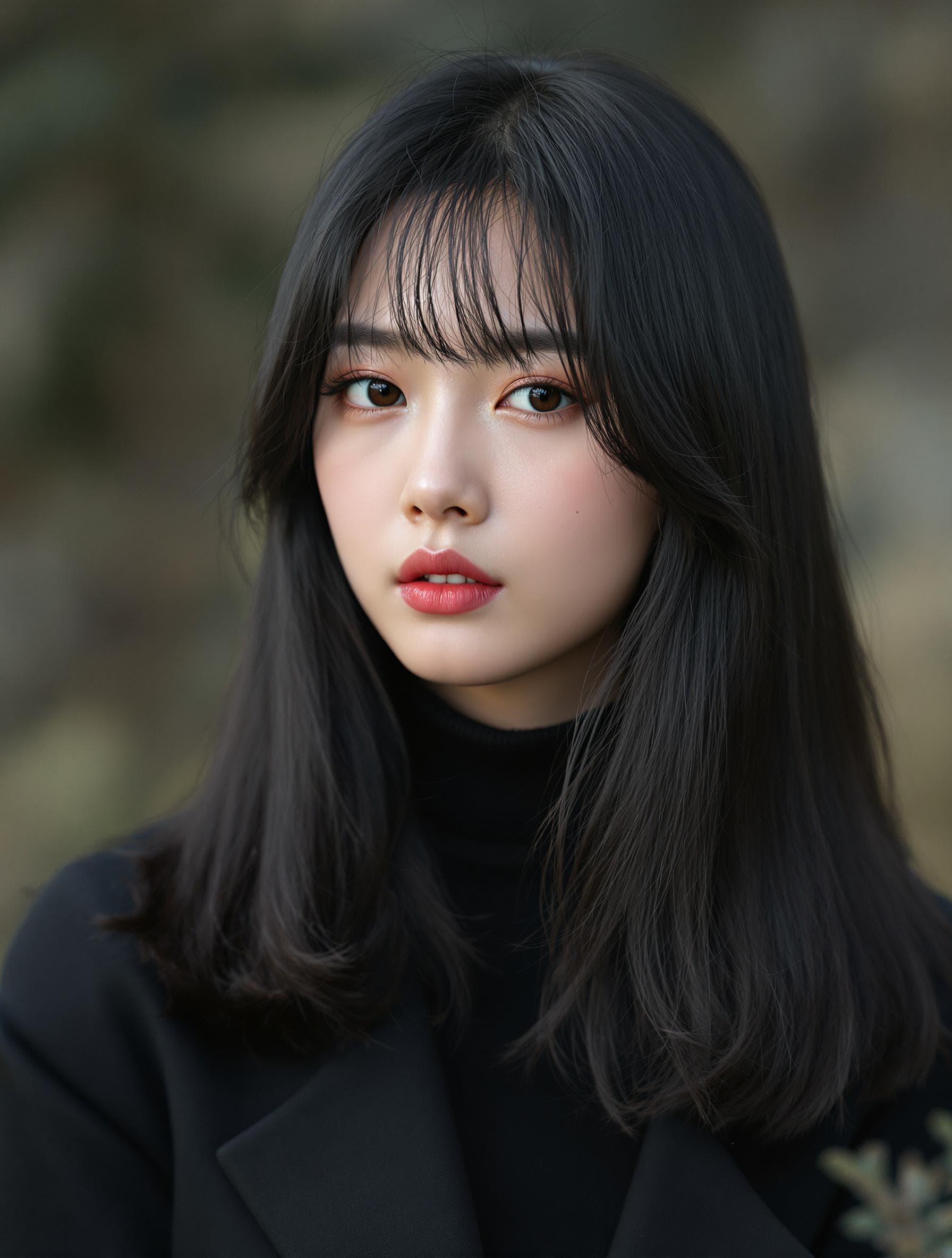 AI generated: cinematic photo selfie, photograph of, asian korean woman with black hair straight hair, blunt bangs...