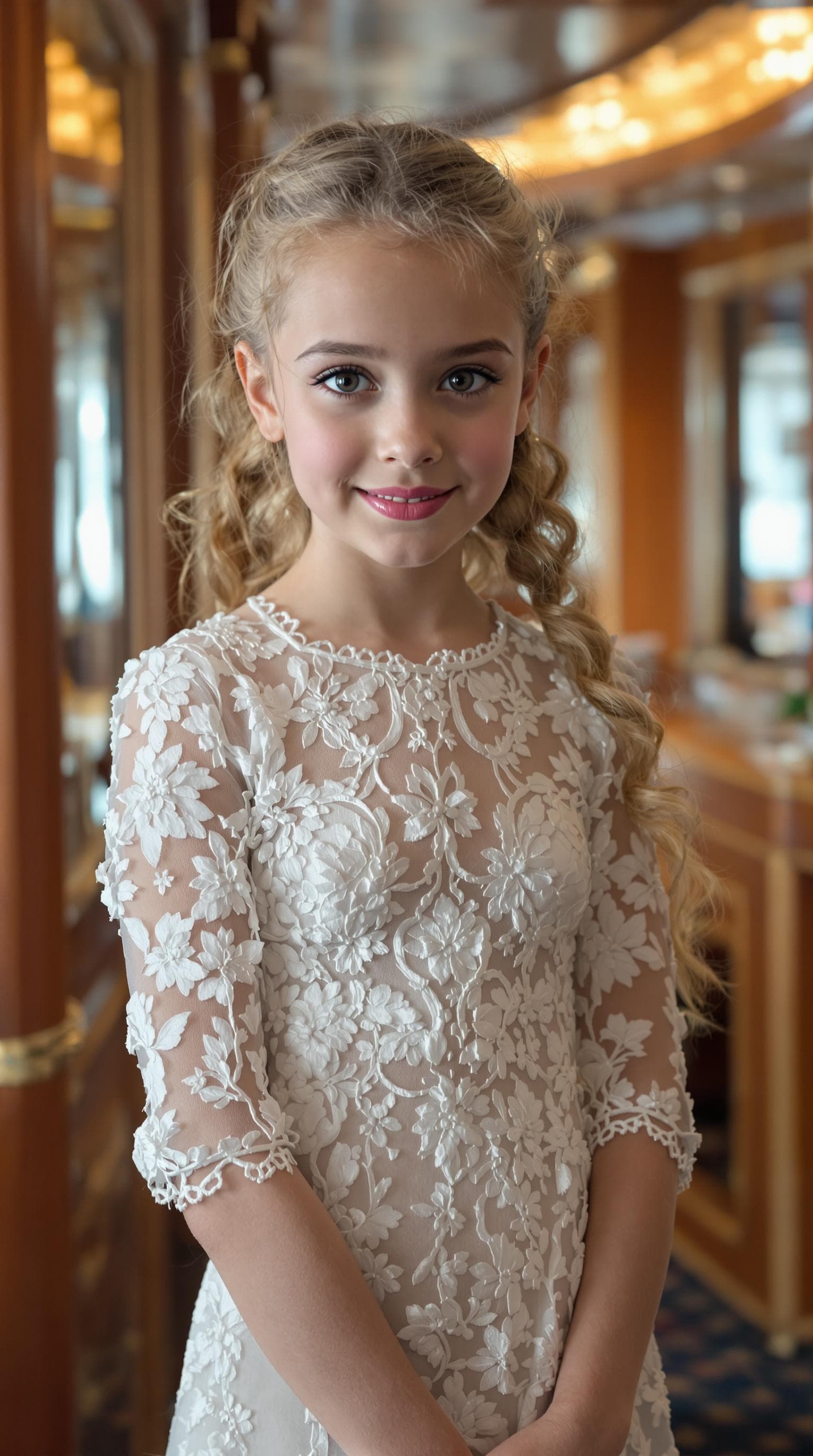 AI generated: a professional photo of a exceptionally beautiful girl aboard the Queen Mary (age 7), (seven year ol...