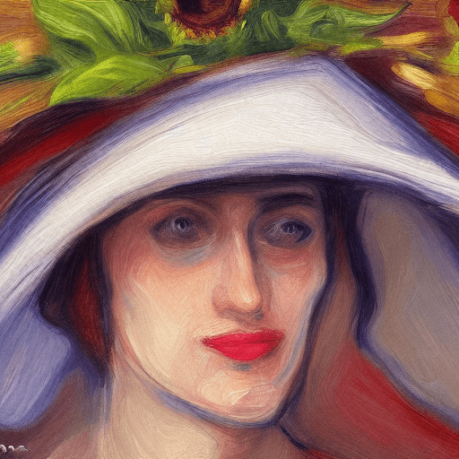 AI generated: impressionist painting, realistic face of woman, sunflower hat, texture, 4k, detail focused, extreme...