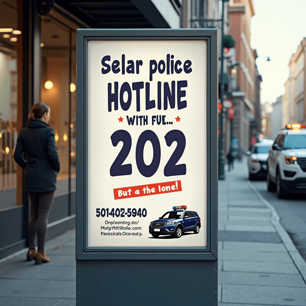 AI generated: street advertising poster advertising police hotline services made in a vector funny style with a la...