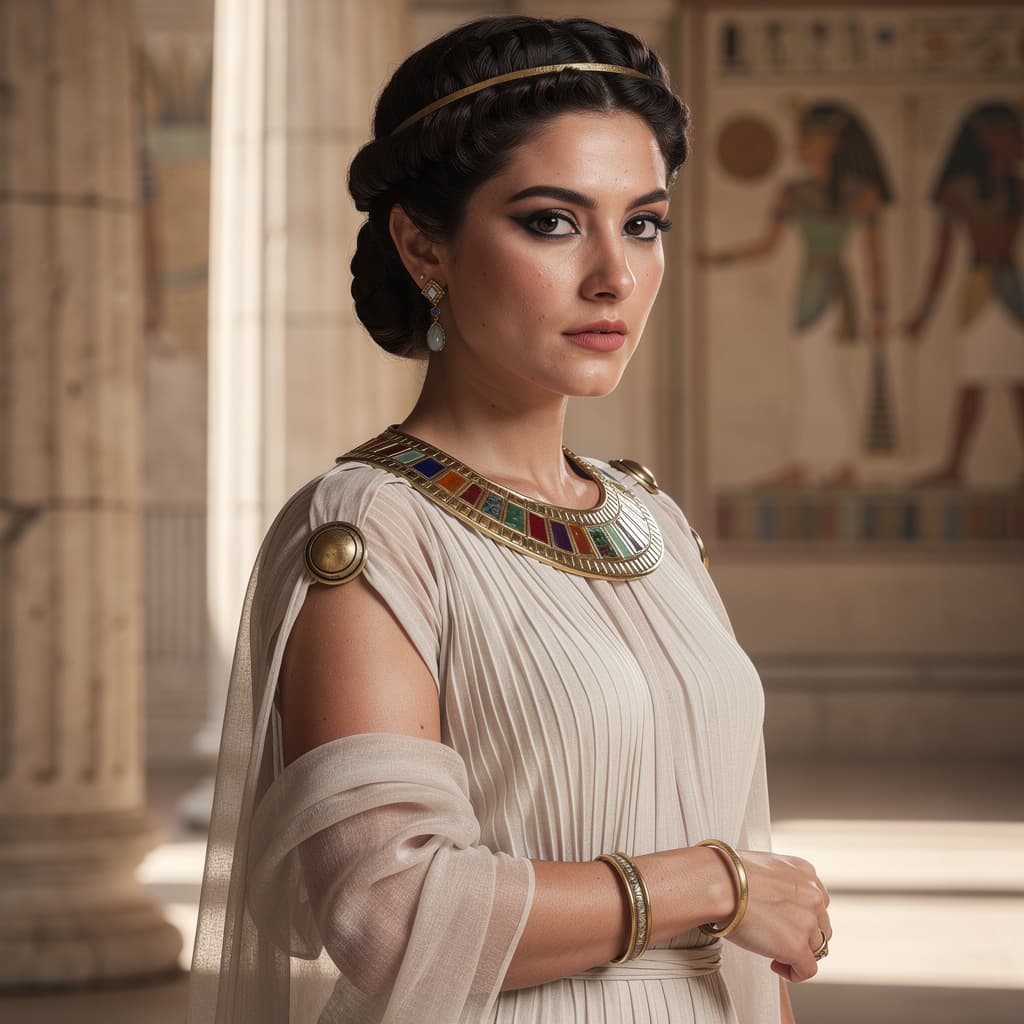 AI generated: A photorealistic three‑quarter portrait of Cleopatra VII with historically grounded, strong facial f...