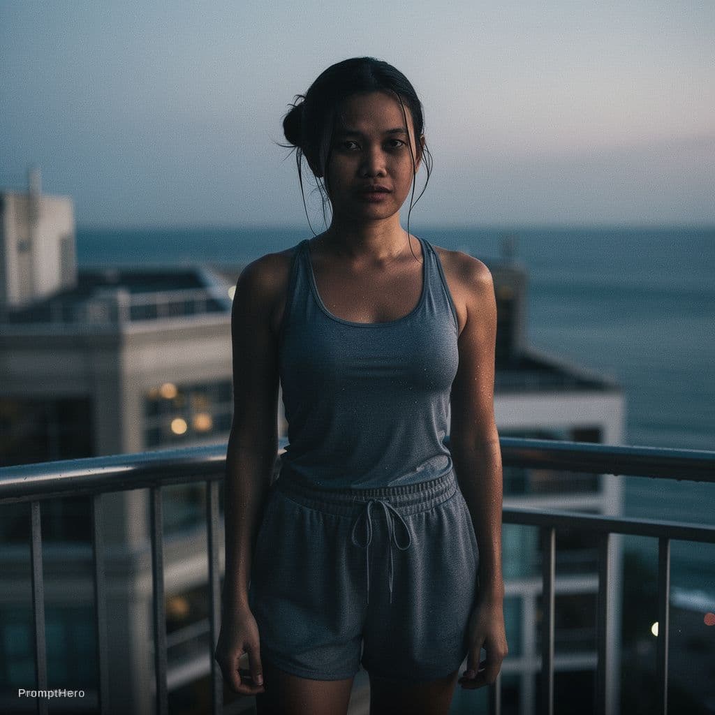 AI generated: A documentary style photograph of a young female on a high balcony just after swimming. Her long dar...