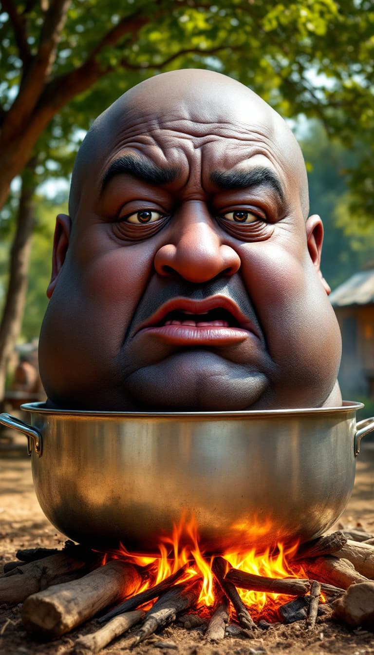 AI generated: Large, exaggerated head of a dark-skinned man, depicted as if cooked in a large, round, stainless st...