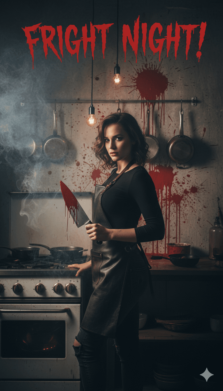 AI generated: Photo-realistic 4K image of a woman standing in a dimly lit kitchen, holding a large kitchen knife. ...