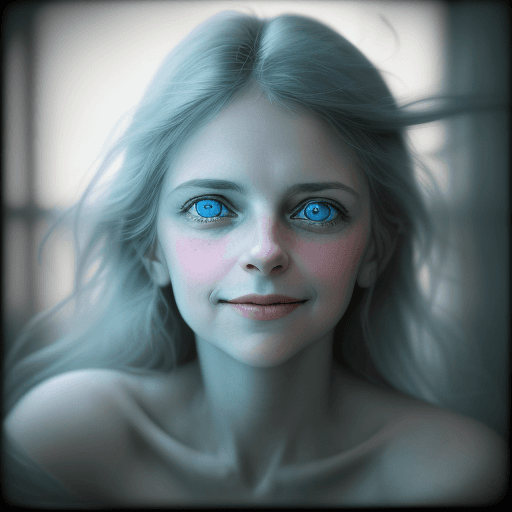 AI generated: colors, sharp light blue eyes, A soul-stirring close-up portrait of a woman, grins, her grace enhanc...