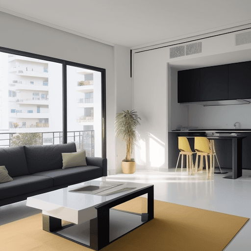 AI generated: Piso secundario de edificio de una residencia minimalista con sala común para sala de entretención c...