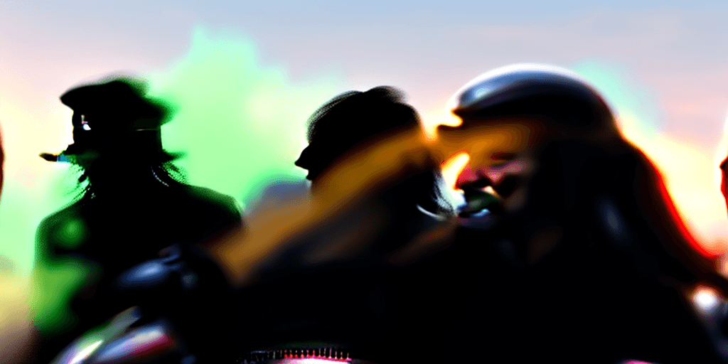 AI generated: a portrait of an old a lawman and his youngs long hair bodyguards riding speed motobikes on the ultr...