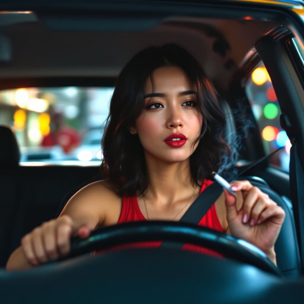 AI generated: Asian girl,  She is wearing red tank top,The woman is smoking a cigarette, which she holds in her ri...