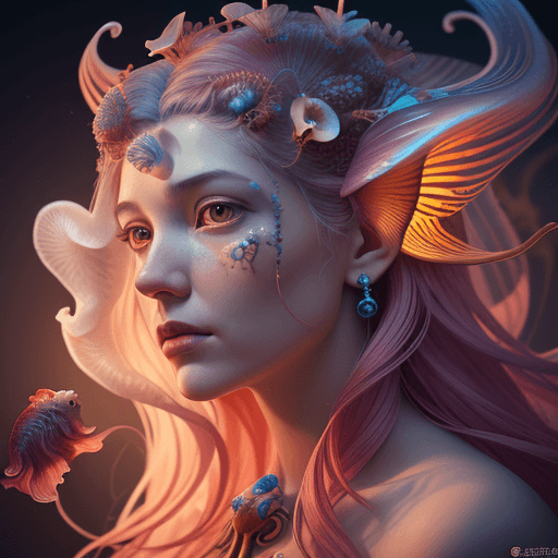 AI generated: Goddess close-up portrait ribcagel. jellyfish phoenix head, nautilus, orchid, skull, betta fish, bio...