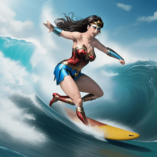 AI generated: Wonder Woman, a DC Comics character, surfing on big waves at a beautiful beach, wearing her iconic c...