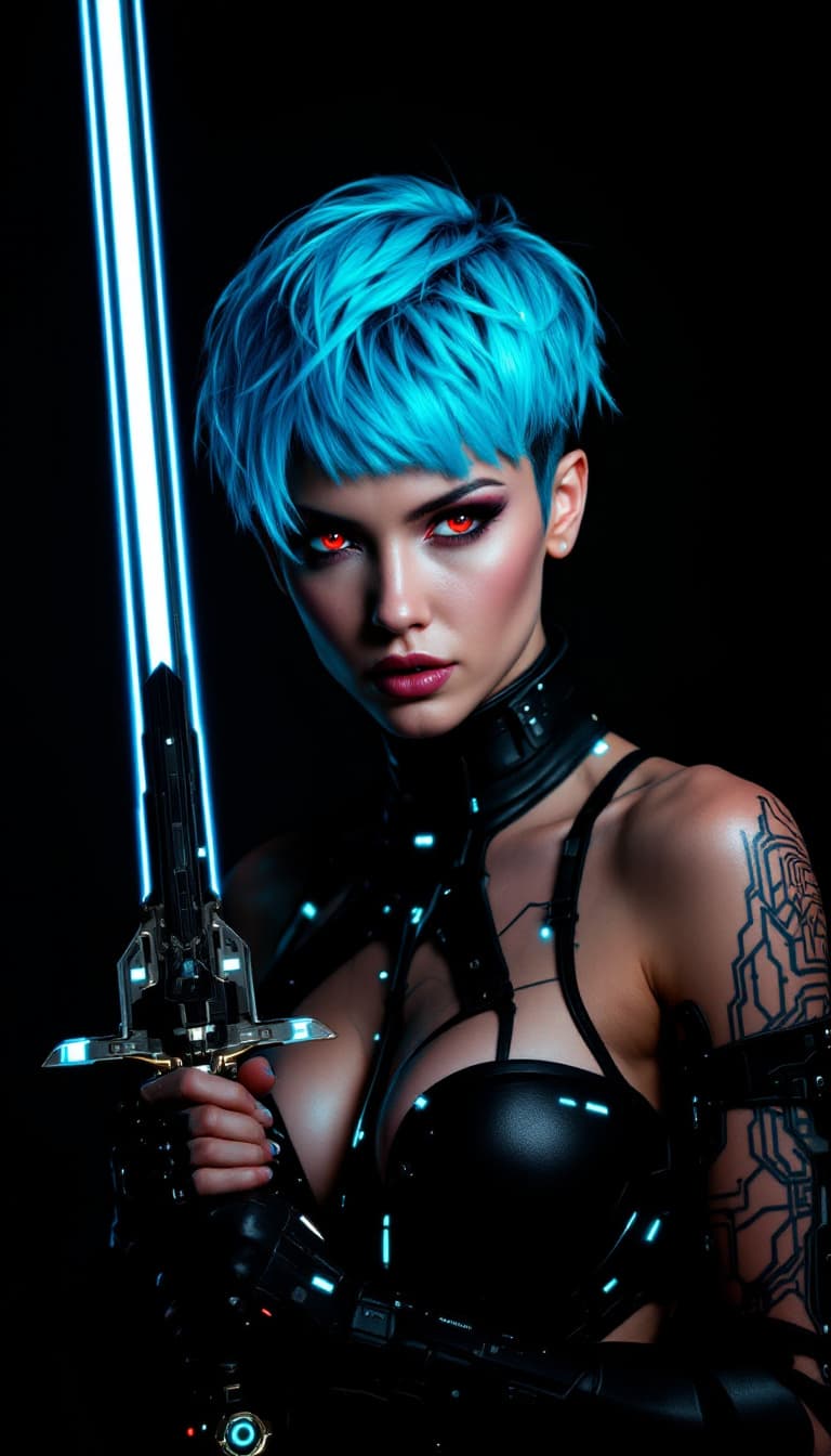 AI generated: A powerful cyberpunk warrior stands out against a dark, gradient-black backdrop. She locks eyes with...