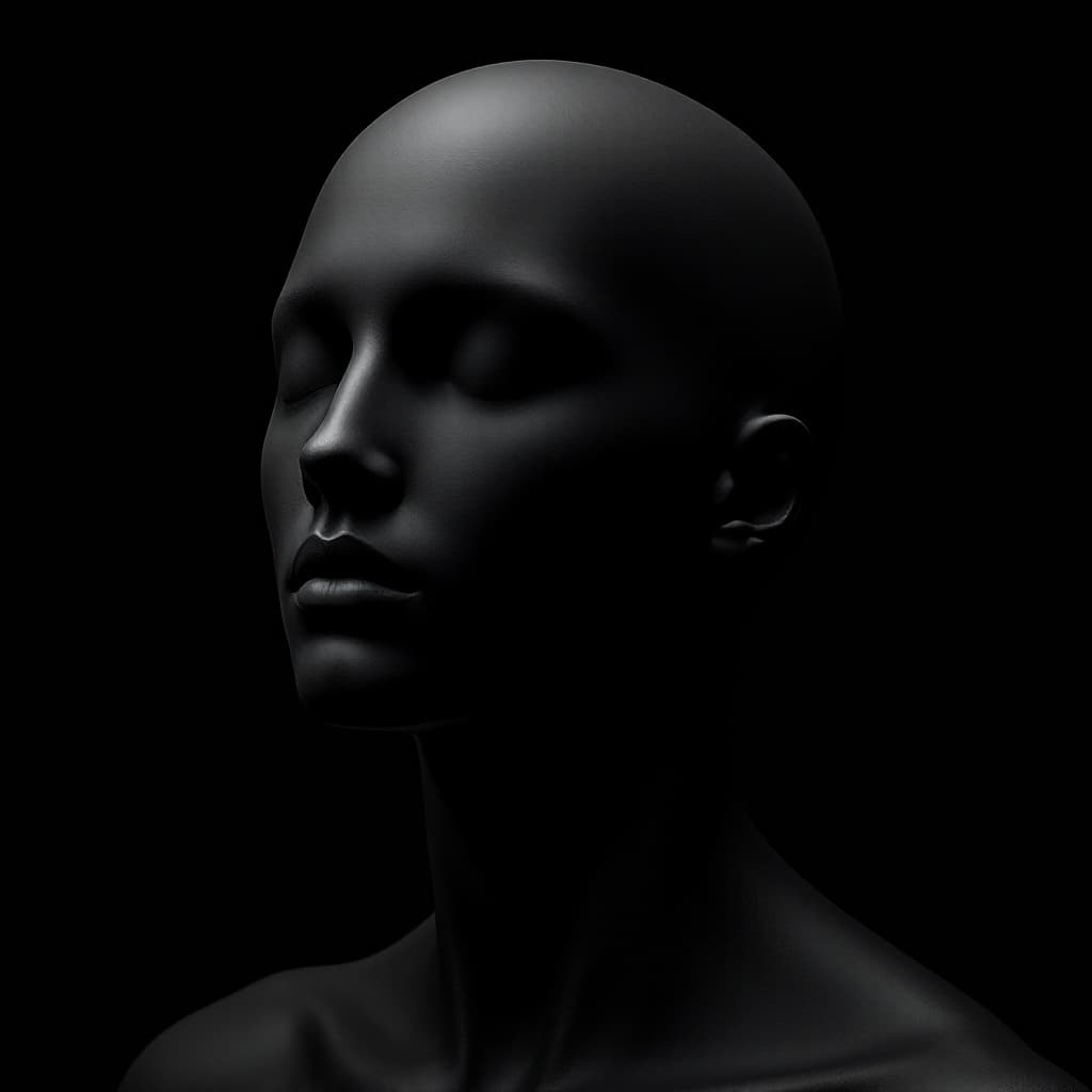 AI generated: minimalist, human head and neck, presented as a smooth, uniform sculpture in matte black, focusing o...