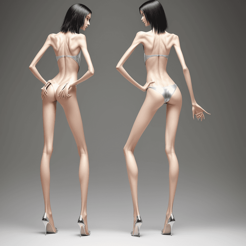 AI generated: photo of two an extremely skinny, flat-chested models with extreme long and skinny legs with extreme...