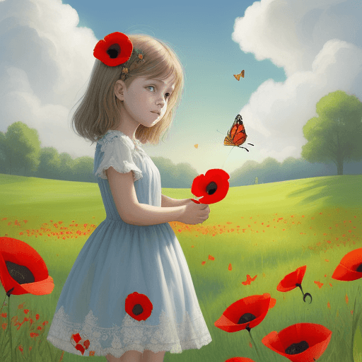 AI generated: girl in a dress, holding a butterfly on her finger, on the lawn, the sun is shining, clouds are pass...