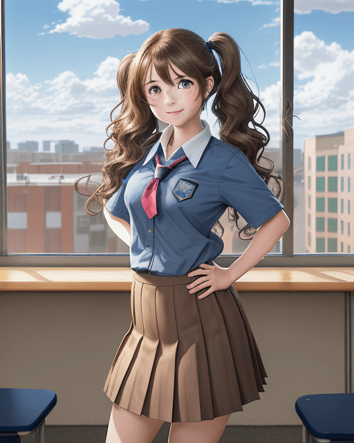 AI generated: girl, happy, wavy hair, hair over one eye, twintails, brown hair, best girl hair, school uniform, sc...
