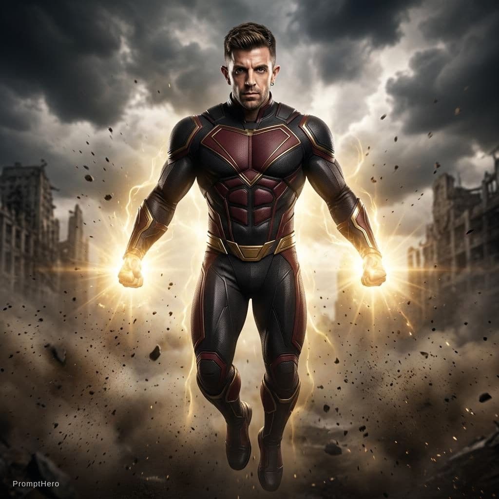 AI generated: input image as a muscular Sentry from marvel comic , in a black, dark red and gold  skin suit withou...