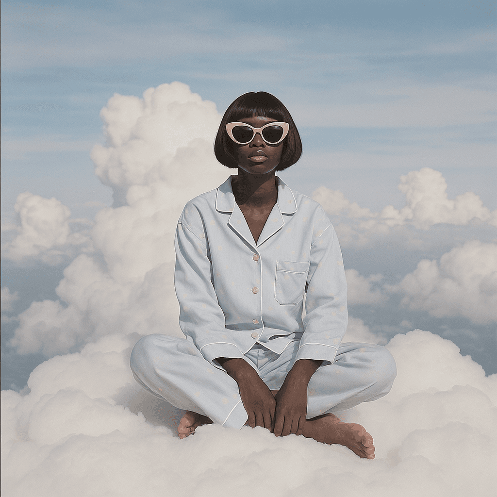 AI generated: A photo of an eccentric African woman sitting on top of white fluffy clouds wearing big sunglasses a...