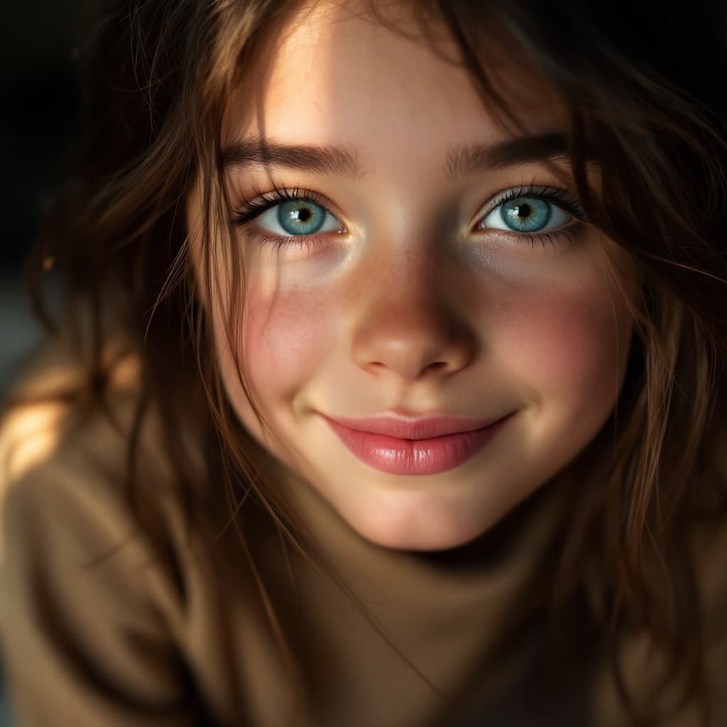 AI generated: brunette 7 year pale blue eyed girl with a smile curling up her lips with a dazzle in her in a tan s...