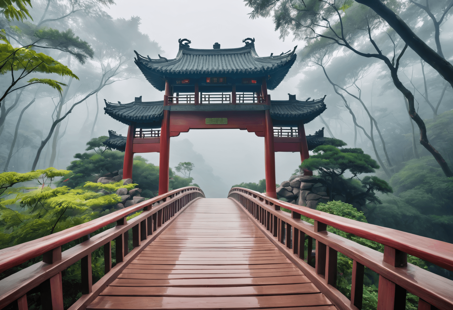 AI generated: Masterpiece, Stunning, Best quality, Chinese Architecture an Arched bridge in a Foggy Asian Forest ,...