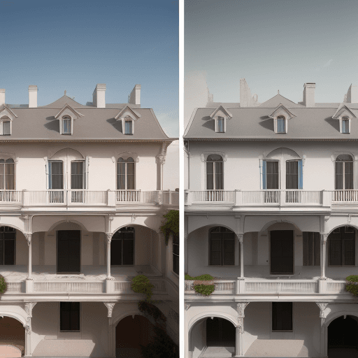 AI generated: High resolution photography, dreamy sunken, House facade, two floors, balcony on the roof, two doors...