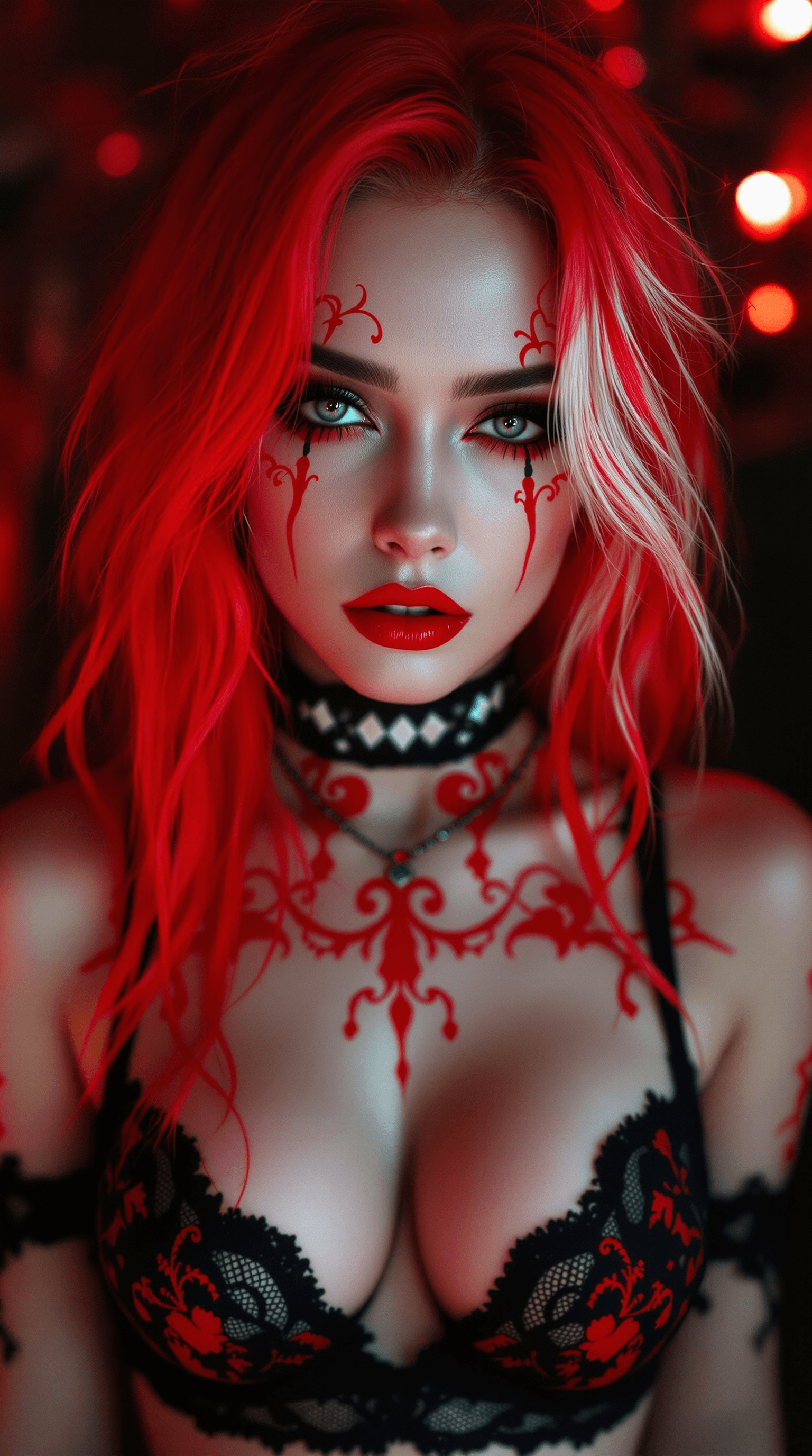 AI generated: A realistic, thigh to face photo of an incredibly beautiful German female with neon red and white ha...
