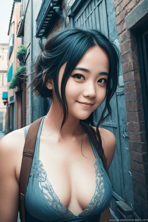 AI generated: wallpaper image, beautiful fugitive hiding in an alleyway, stunning face, fun and mischievous, cheek...