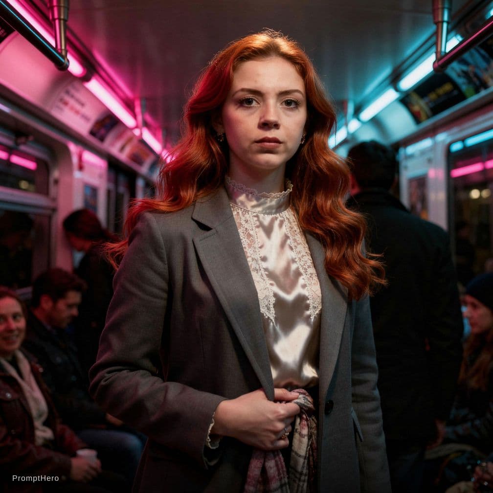 AI generated: use the woman in the image, A curvy young female with long, red hair in loose waves tucks her scarf ...