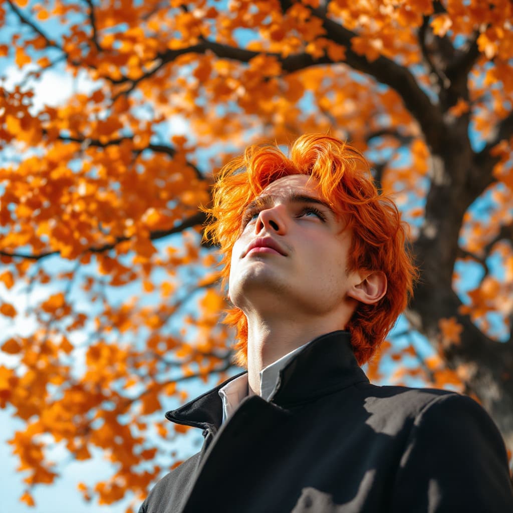 AI generated: A handsome guy with orange hair under the orange ginkgo tree looking up in windy day