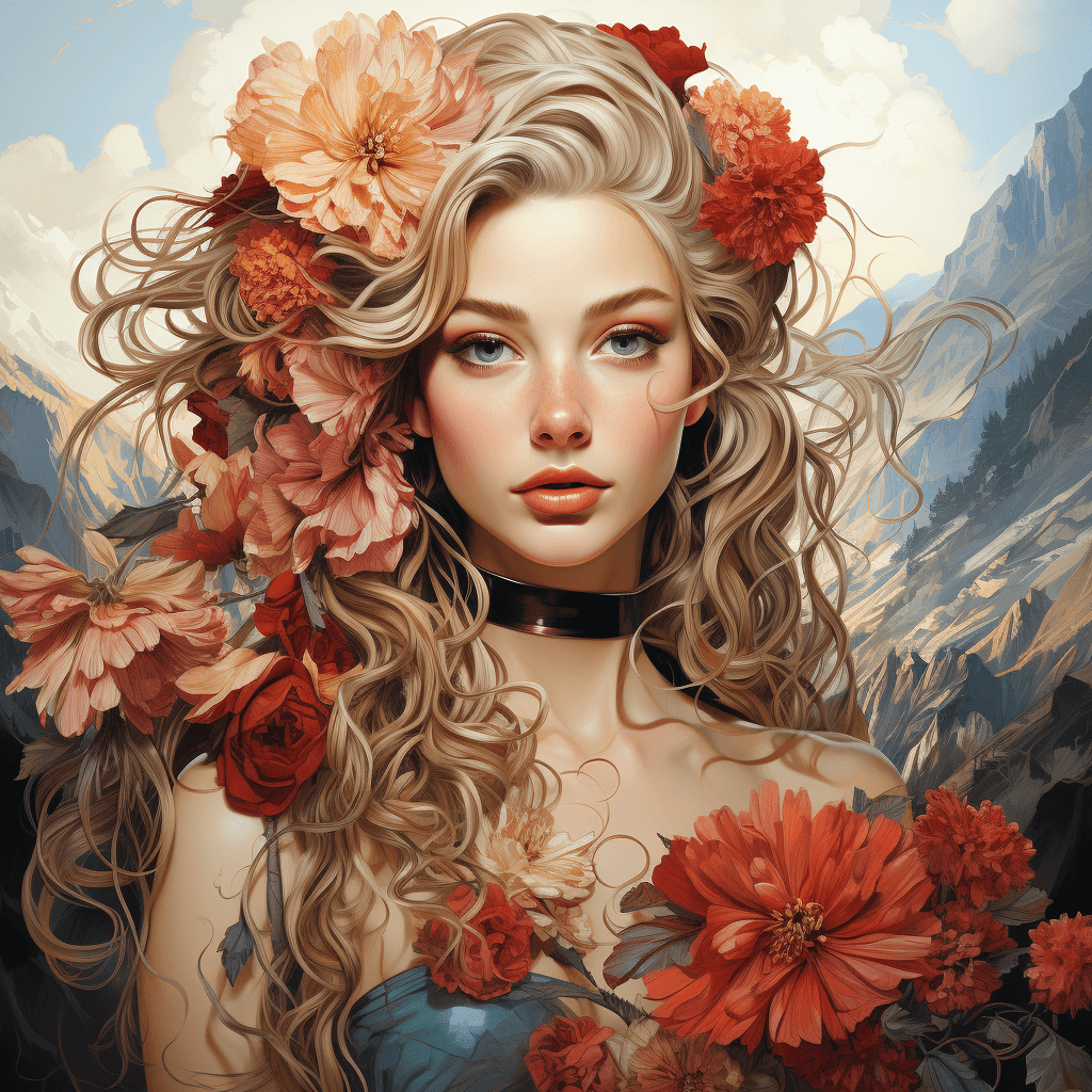 AI generated: commercial illustration featuring an Instagram model adorned in elegant flowers in her hair, with ca...