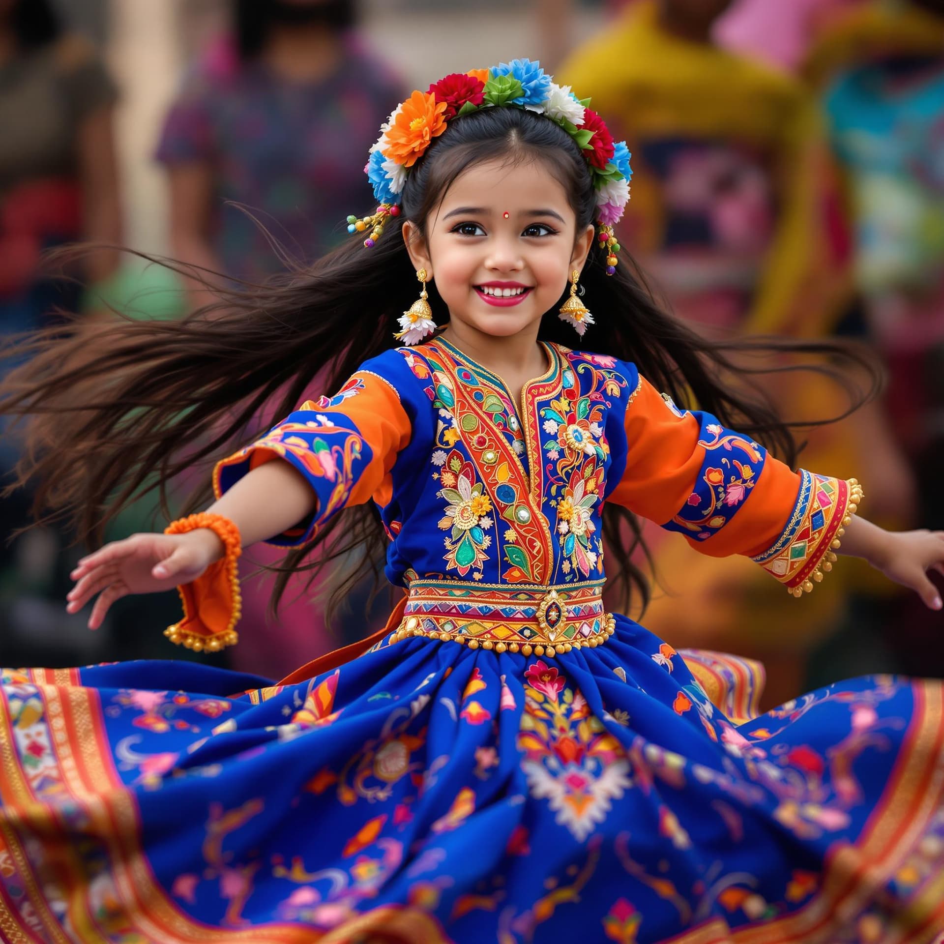 AI generated: The image captures a young girl in vibrant traditional attire, dancing with evident joy and grace. S...