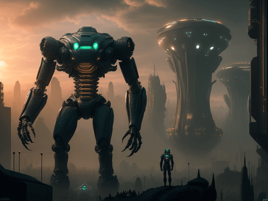 AI generated: crocodile robot standing surrounded by huge sci fi reactor robotic cyborg city with intricate mechan...