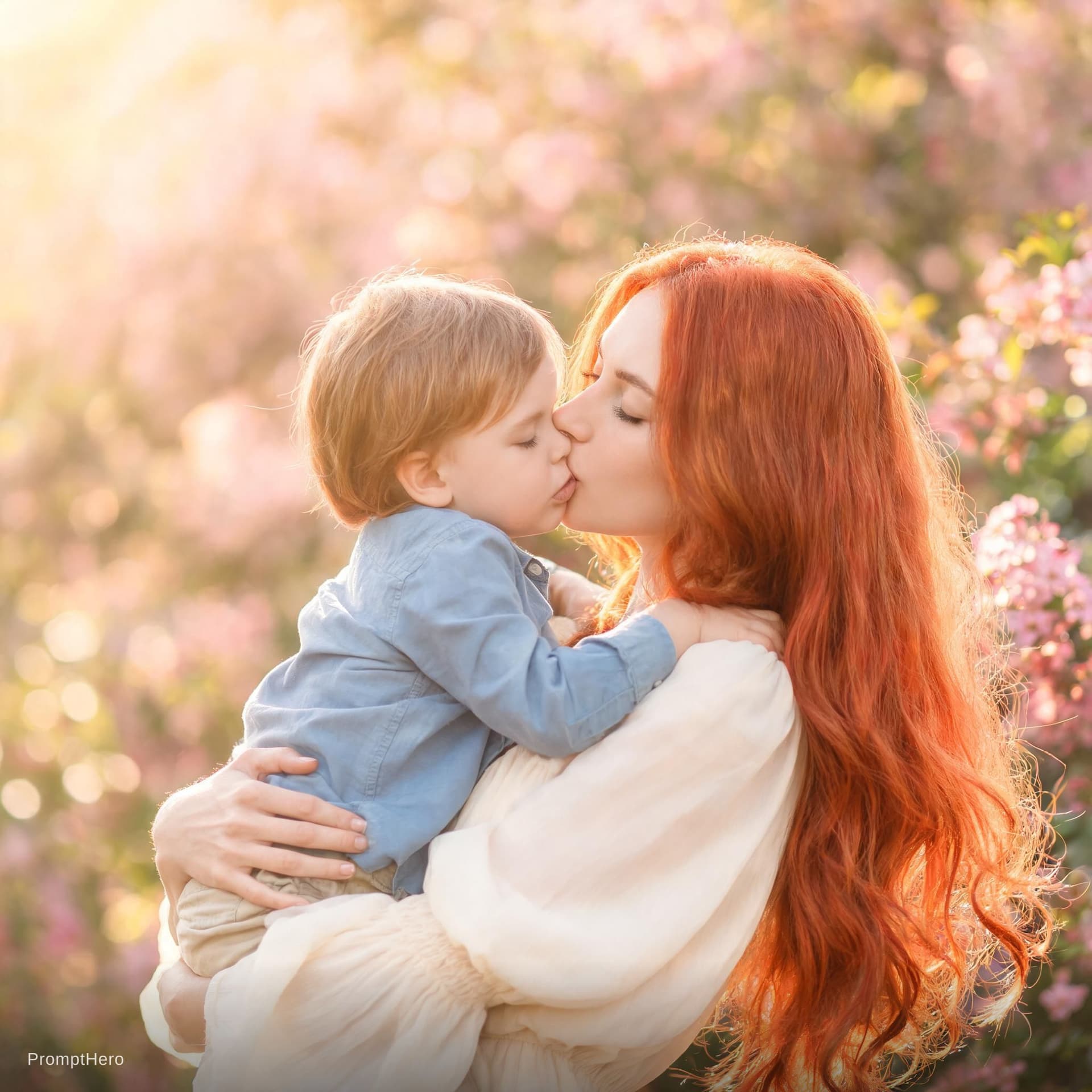 AI generated: A  beautifull woman with long red hair holds a little boy in her arms and gives him a long kiss