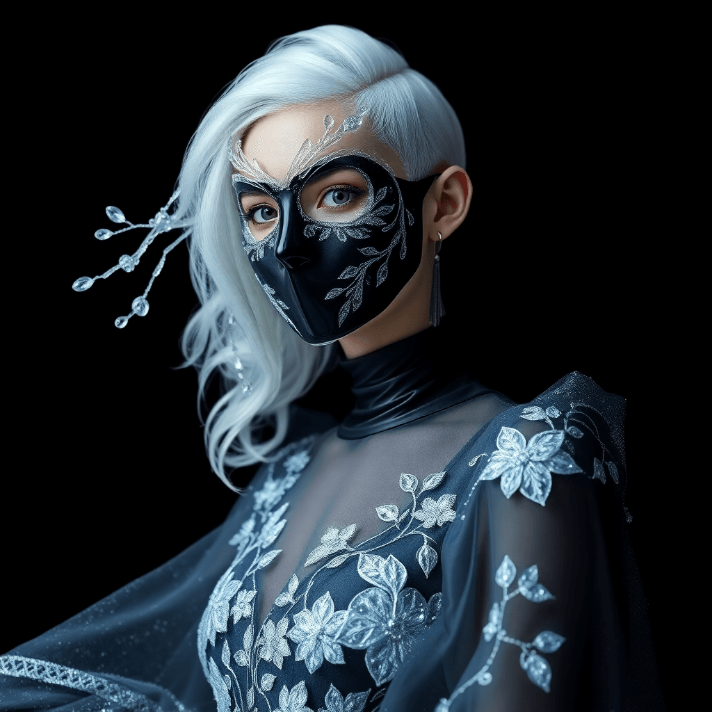 AI generated: A hyper-realistic portrait, in HD, 8K, of a young tall slender woman wearing an iced carnaval full b...
