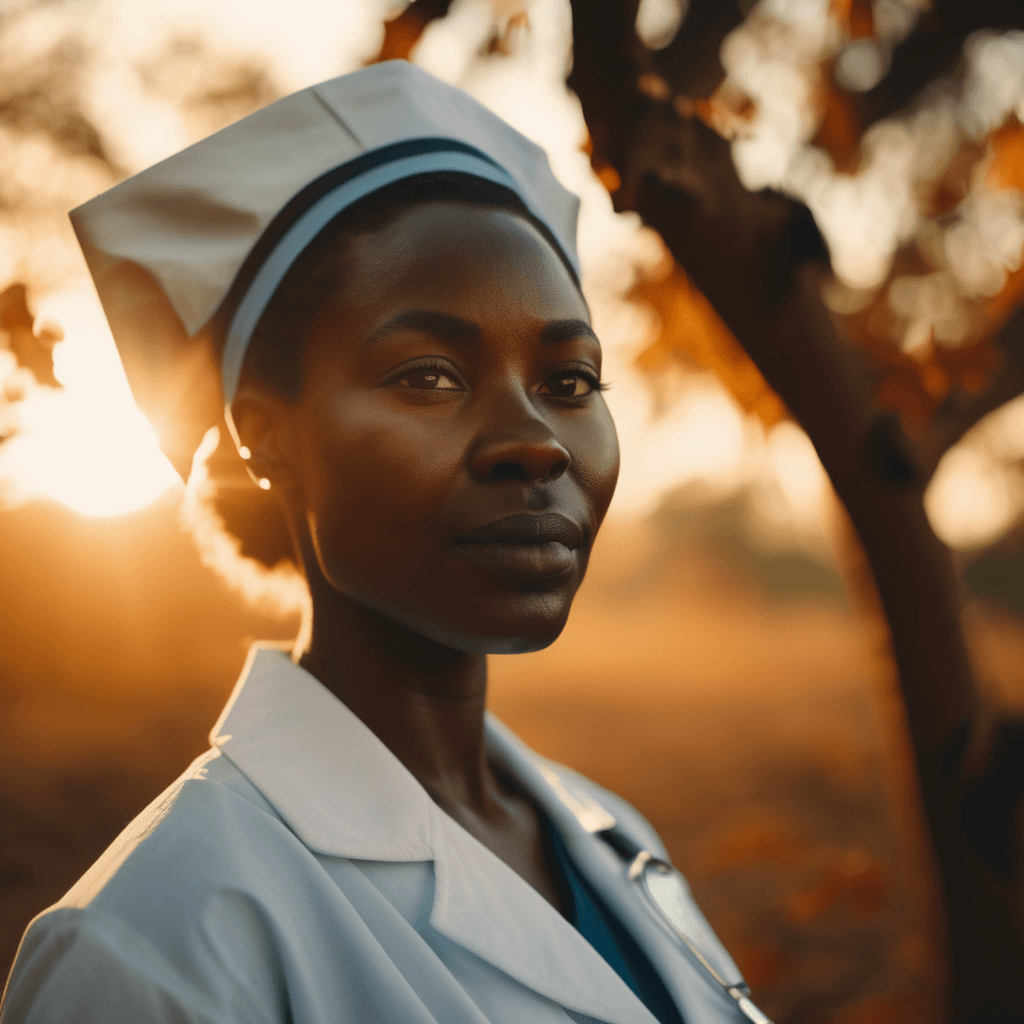 AI generated: A striking 4K portrait of an African nurse, captured during the autumn season at sunrise. The shot i...